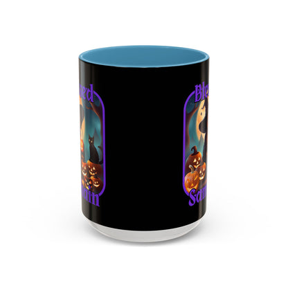 Blessed Samhain Cute Witch Purple font Black Accent Mug by CreepyCrafts.boo