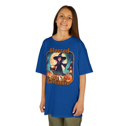 Blessed Samhain Little Witch Orange font Kids Heavy Cotton™ Tee by CreepyCrafts.boo