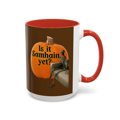 Is It Samhain Yet? Skeleton's Giant Pumpkin Brown Accent Mug by CreepyCrafts.boo