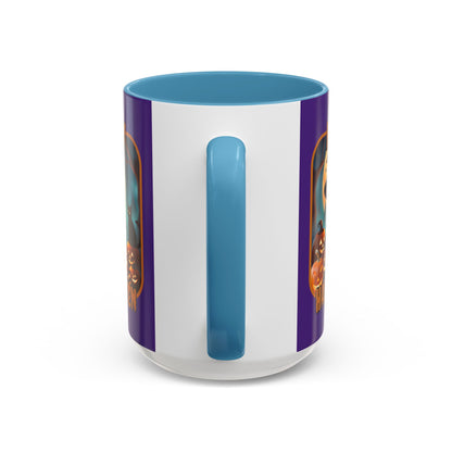 Happy Halloween Cute Witch Orange font Purple Accent Mug by CreepyCrafts.boo