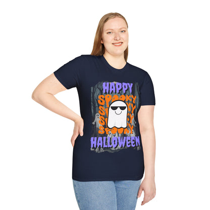 Spooky Happy Halloween Ghost Dark colors Purple font Unisex T-Shirt by CreepyCrafts.boo