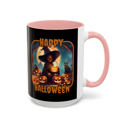 Happy Halloween Cute Witch Orange font Black Accent Mug by CreepyCrafts.boo