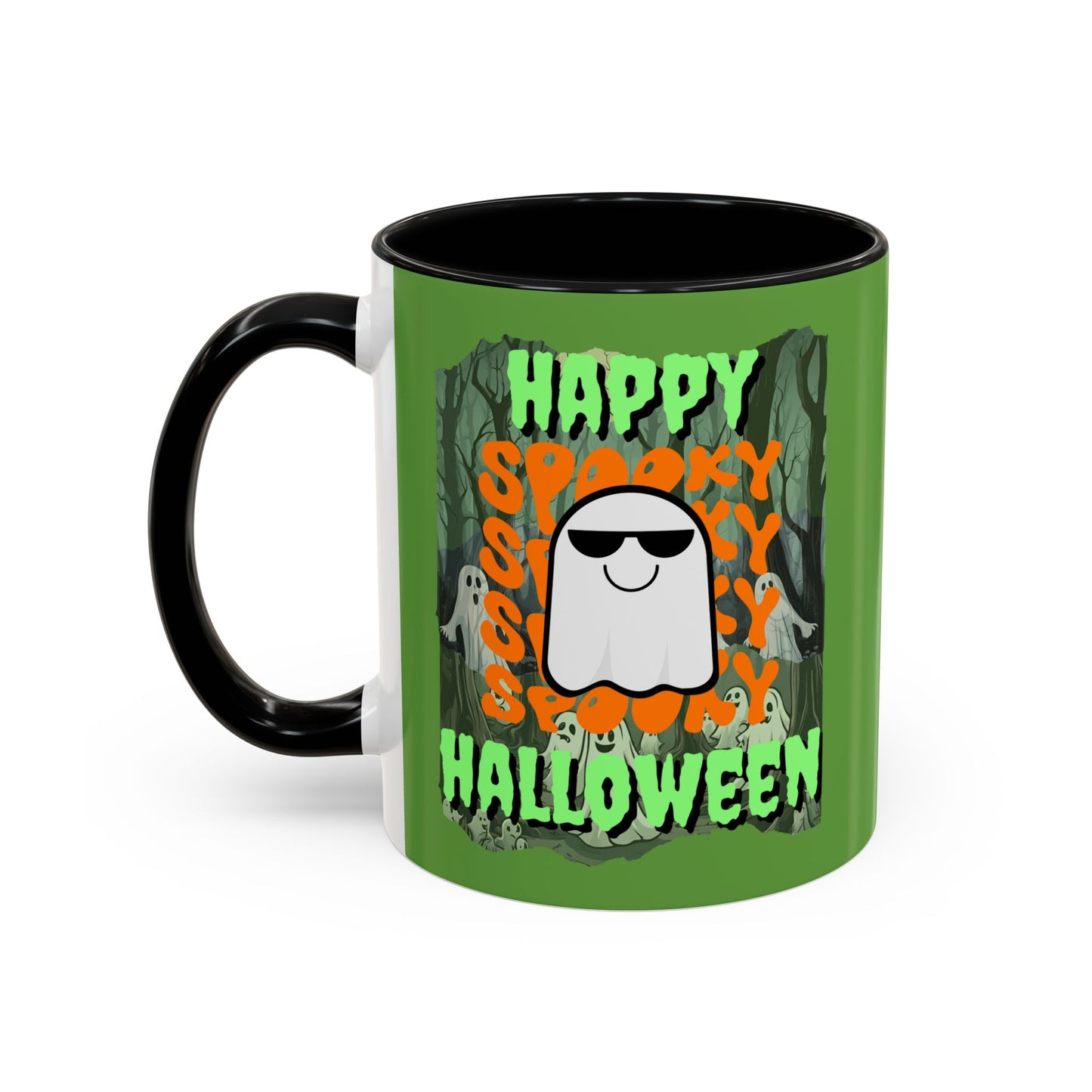 Spooky Happy Halloween Ghost Green font Green Accent Mug by CreepyCrafts.boo