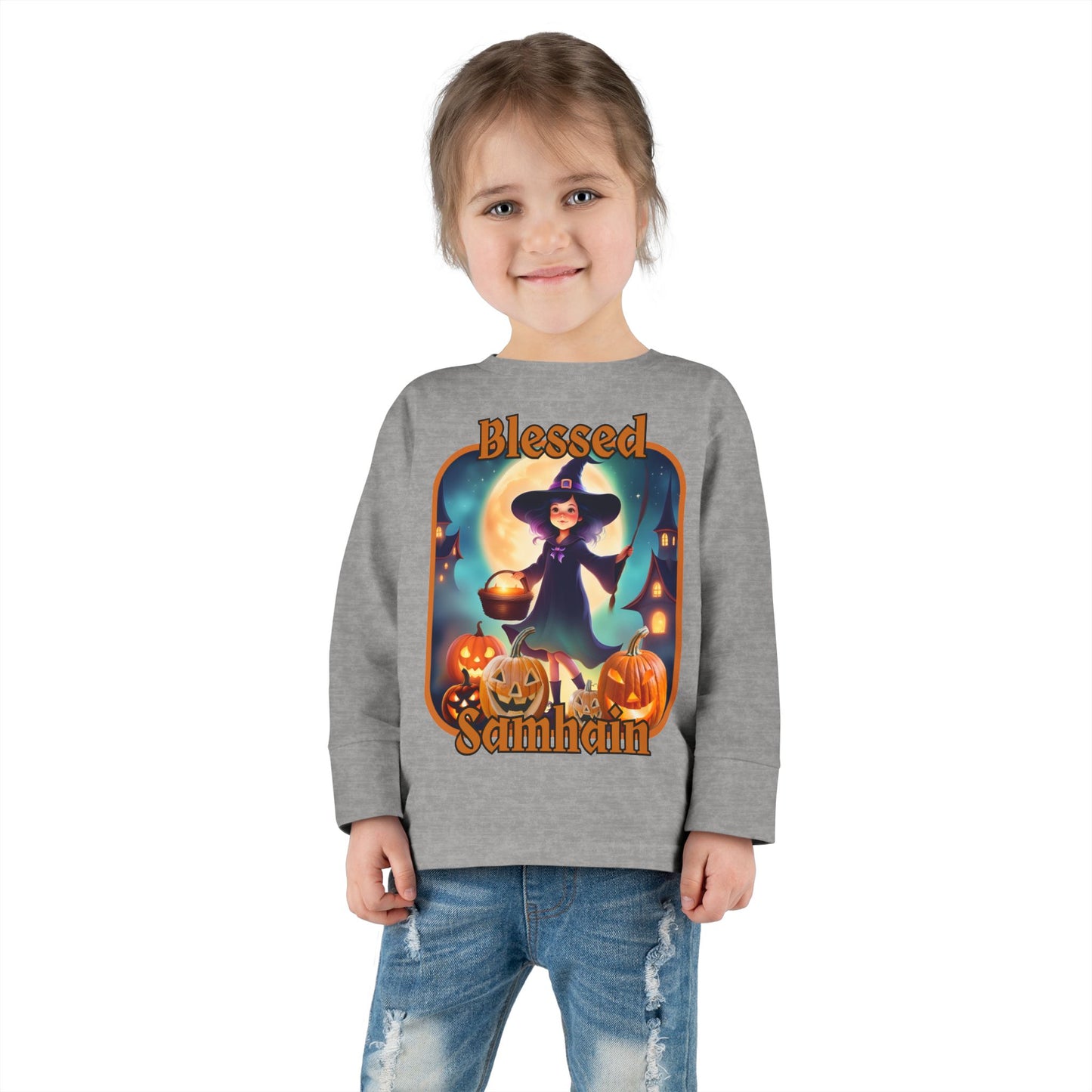 Blessed Samhain Little Witch Orange font Toddler Long Sleeve Tee by CreepyCrafts.boo