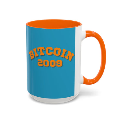 Bitcoin 2009 Turquoise Accent Mug by cypherpunkgear.com