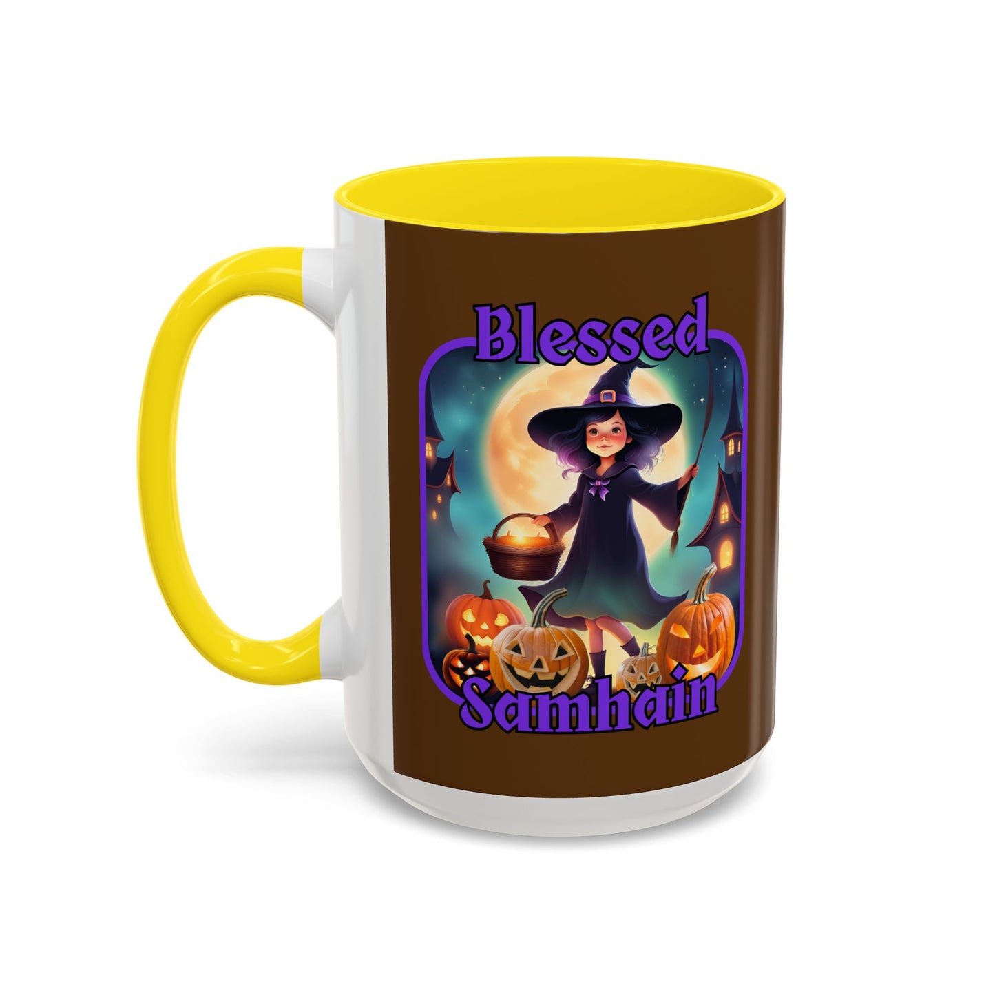 Blessed Samhain Little Witch Purple font Brown Accent Mug by CreepyCrafts.boo