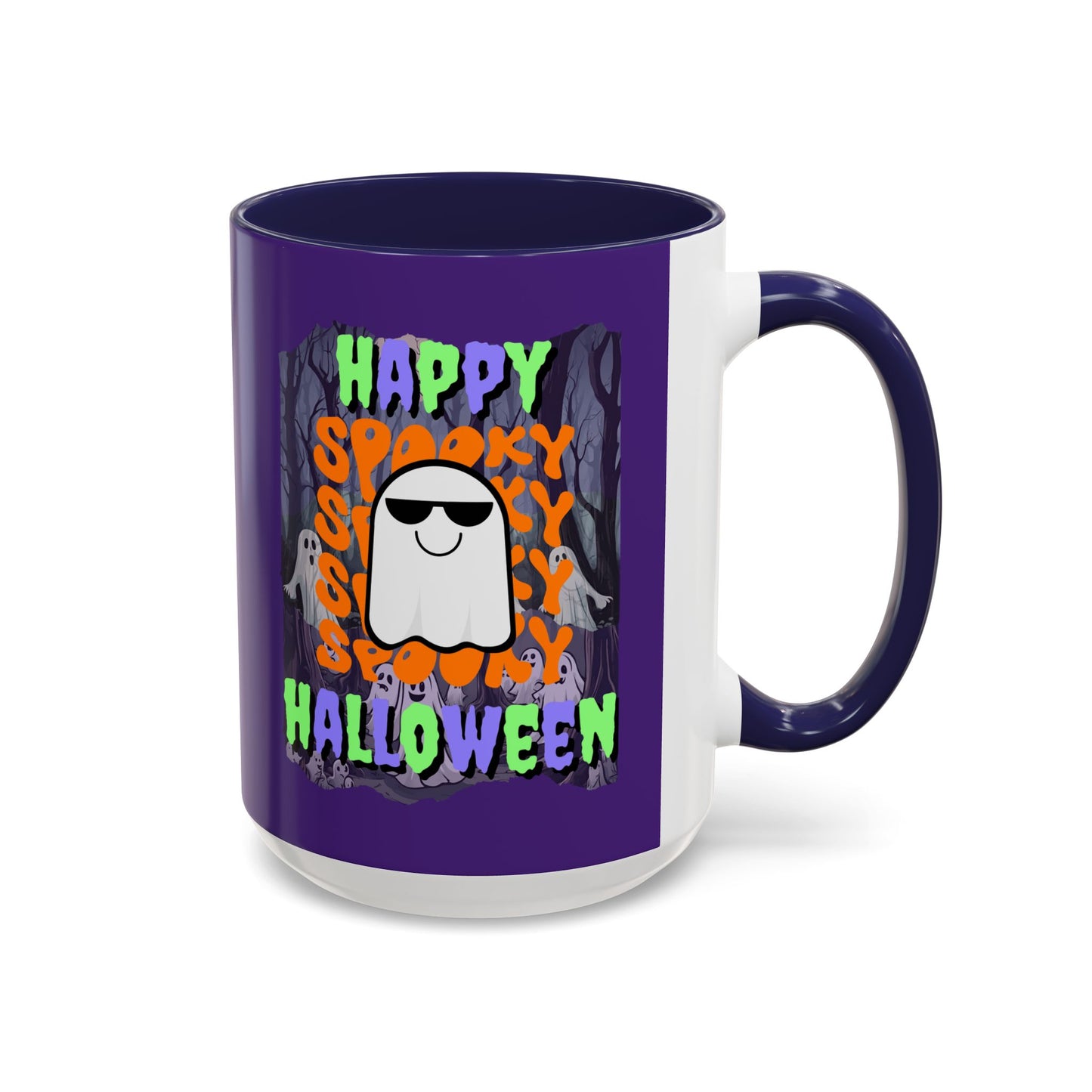 Spooky Happy Halloween Ghost Mixed font Purple Accent Mug by CreepyCrafts.boo
