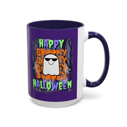Spooky Happy Halloween Ghost Mixed font Purple Accent Mug by CreepyCrafts.boo