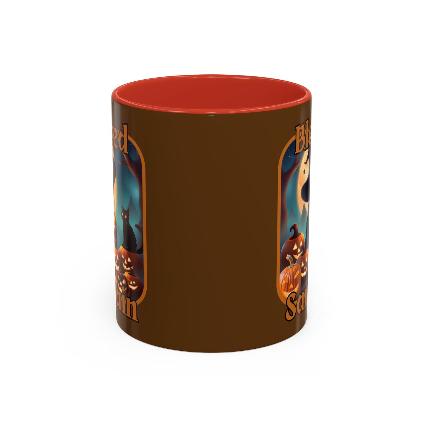 Blessed Samhain Cute Witch Orange font Brown Accent Mug by CreepyCrafts.boo