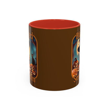 Blessed Samhain Cute Witch Orange font Brown Accent Mug by CreepyCrafts.boo
