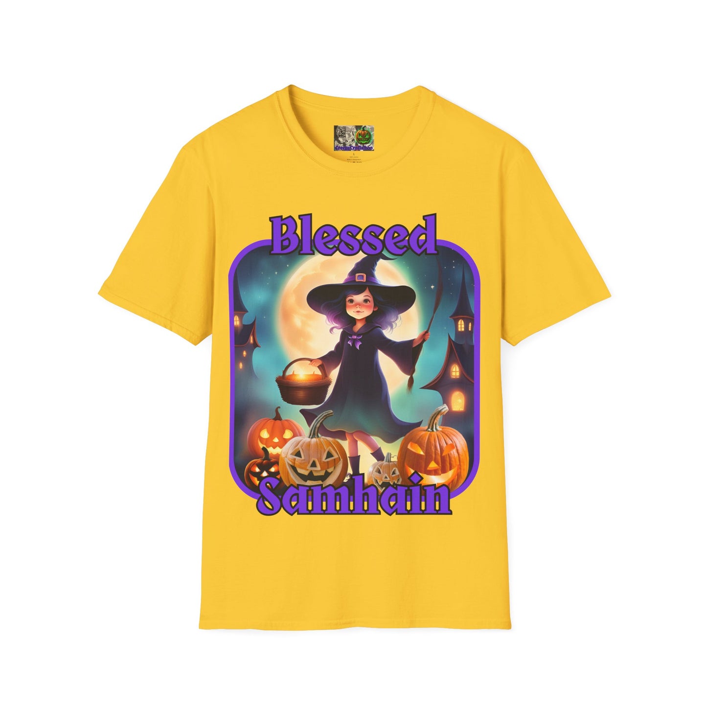 Blessed Samhain Little Witch Purple font Light colors Unisex T-Shirt by CreepyCrafts.boo