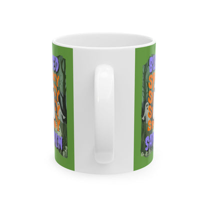 Spooky Blessed Samhain Ghost Purple font Green Mug by CreepyCrafts.boo