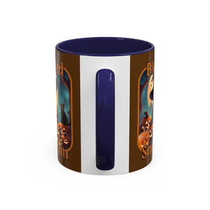 Blessed Samhain Cute Witch Orange font Brown Accent Mug by CreepyCrafts.boo