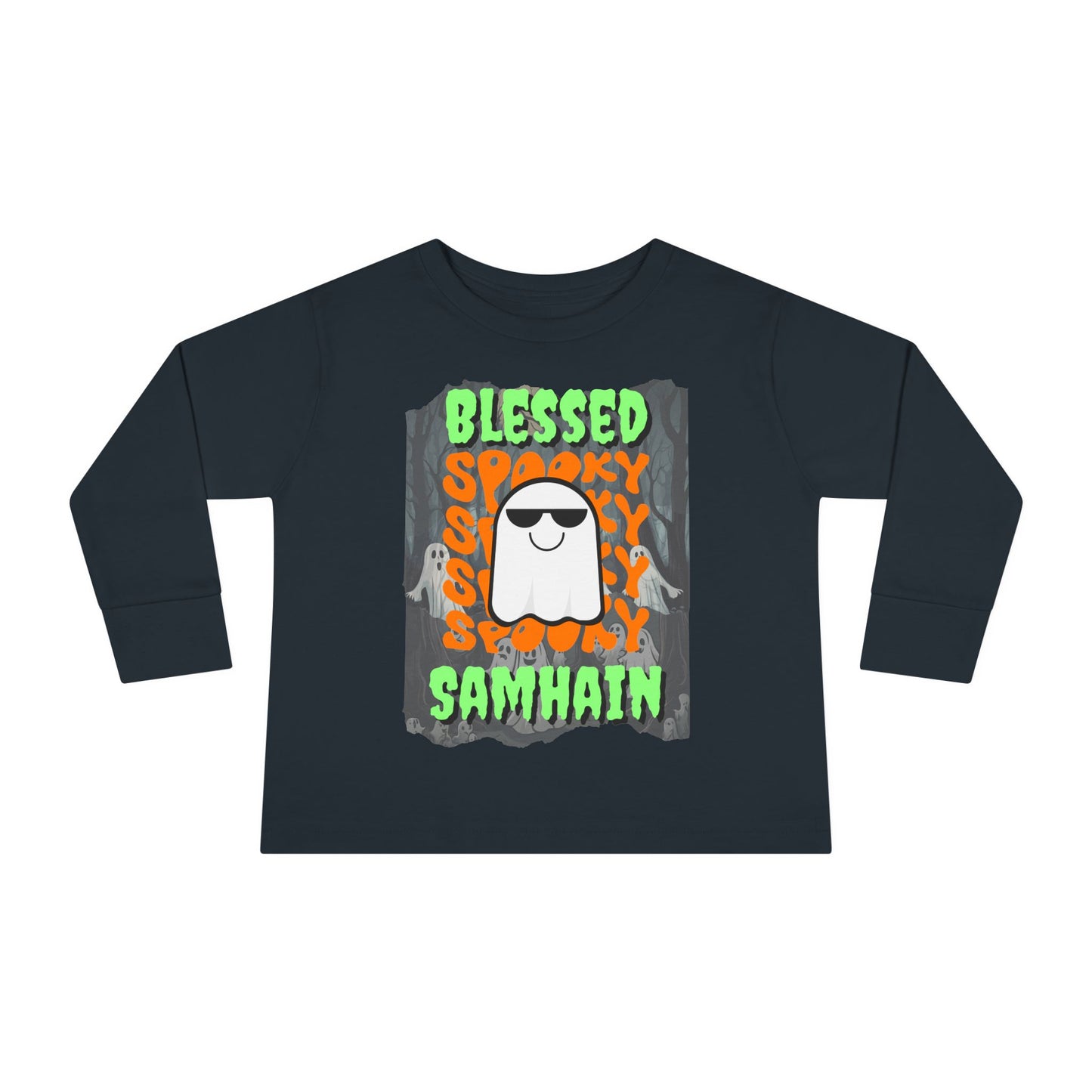 Spooky Blessed Samhain Ghost Green font Toddler Long Sleeve Tee by CreepyCrafts.boo