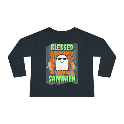 Spooky Blessed Samhain Ghost Green font Toddler Long Sleeve Tee by CreepyCrafts.boo