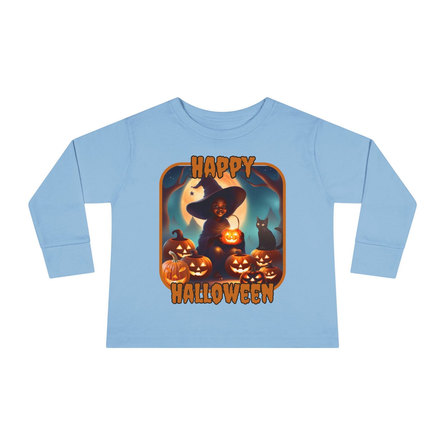 Happy Halloween Cute Witch Orange font Toddler Long Sleeve Tee by CreepyCrafts.boo