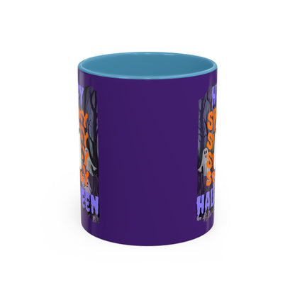 Spooky Happy Halloween Ghost Purple font Purple Accent Mug by CreepyCrafts.boo