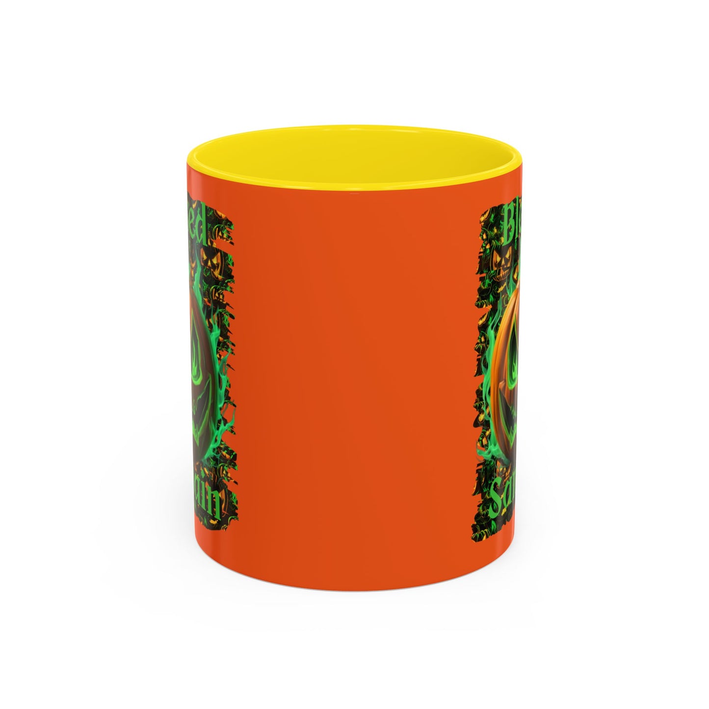 Blessed Samhain Green Jack Orange Accent Mug by CreepyCrafts.boo