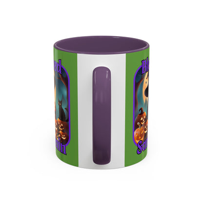 Blessed Samhain Cute Witch Purple font Green Accent Mug by CreepyCrafts.boo
