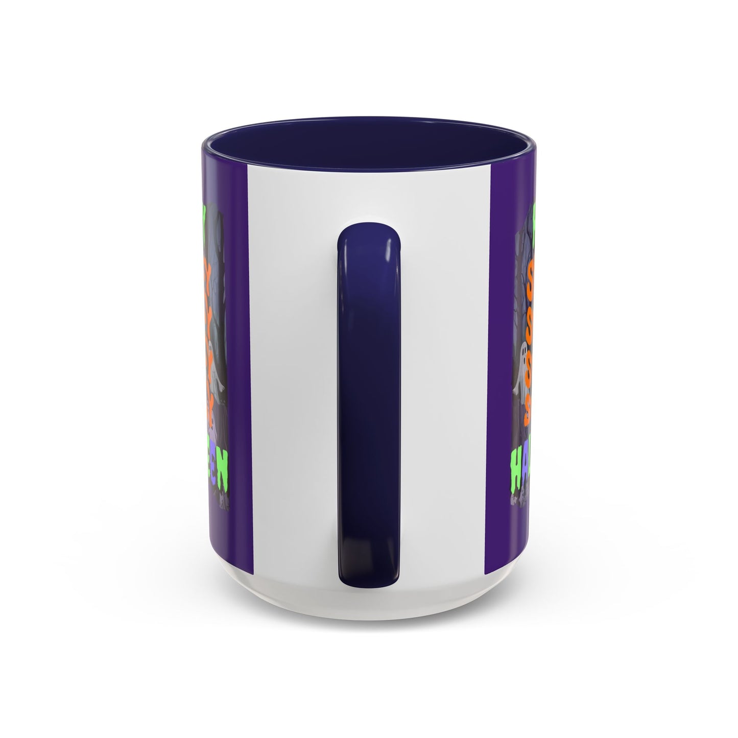 Spooky Happy Halloween Ghost Mixed font Purple Accent Mug by CreepyCrafts.boo