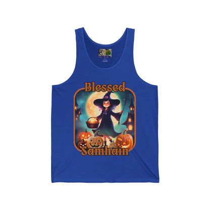 Blessed Samhain Little Witch Orange font Unisex Jersey Tank Top by CreepyCrafts.boo