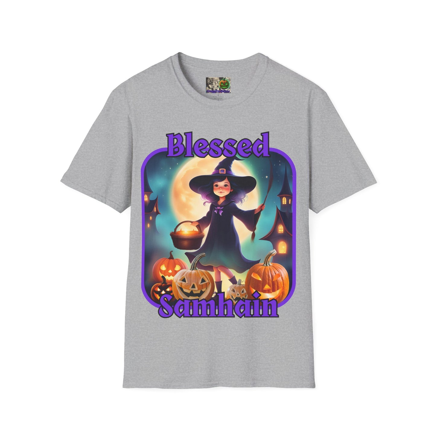 Blessed Samhain Little Witch Purple font Light colors Unisex T-Shirt by CreepyCrafts.boo