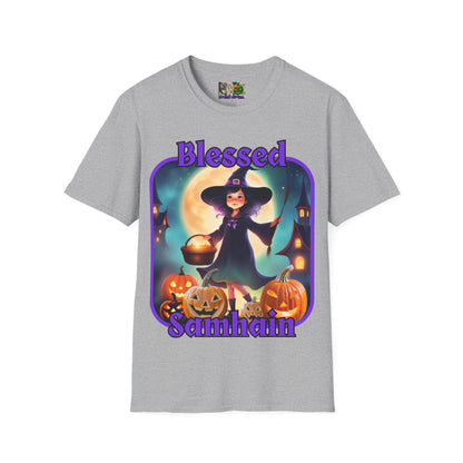 Blessed Samhain Little Witch Purple font Light colors Unisex T-Shirt by CreepyCrafts.boo