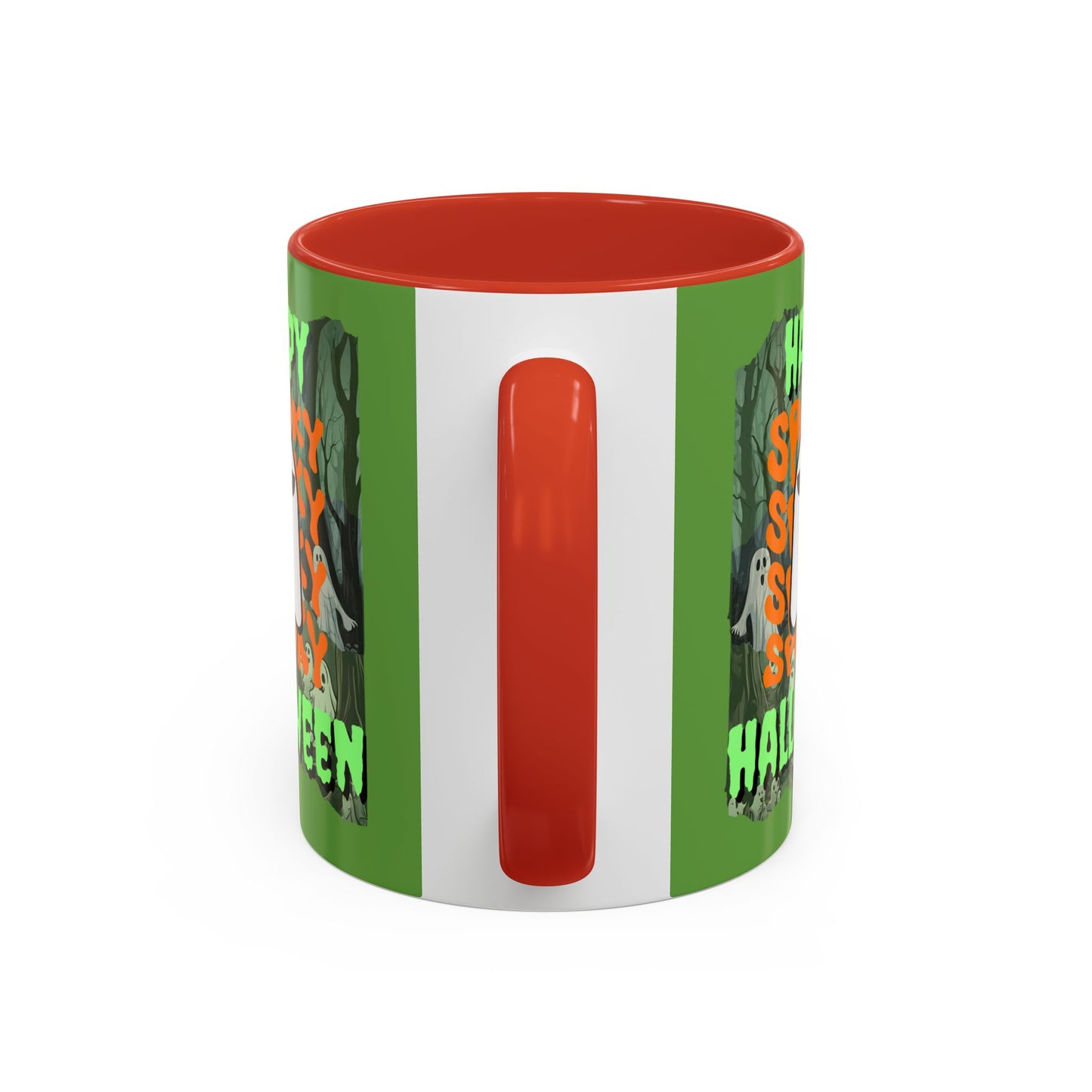 Spooky Happy Halloween Ghost Green font Green Accent Mug by CreepyCrafts.boo