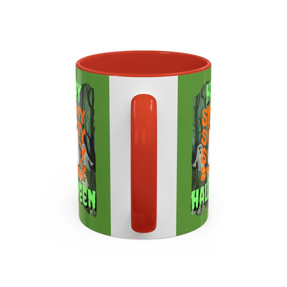 Spooky Happy Halloween Ghost Green font Green Accent Mug by CreepyCrafts.boo