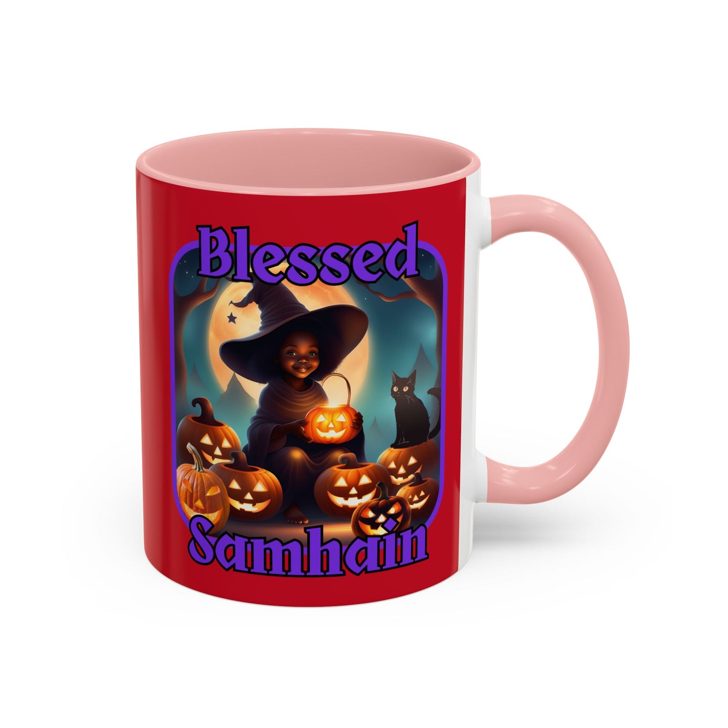 Blessed Samhain Cute Witch Purple font Red Accent Mug by CreepyCrafts.boo