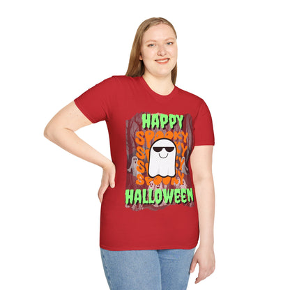 Spooky Happy Halloween Ghost Light colors Green font Unisex T-Shirt by CreepyCrafts.boo