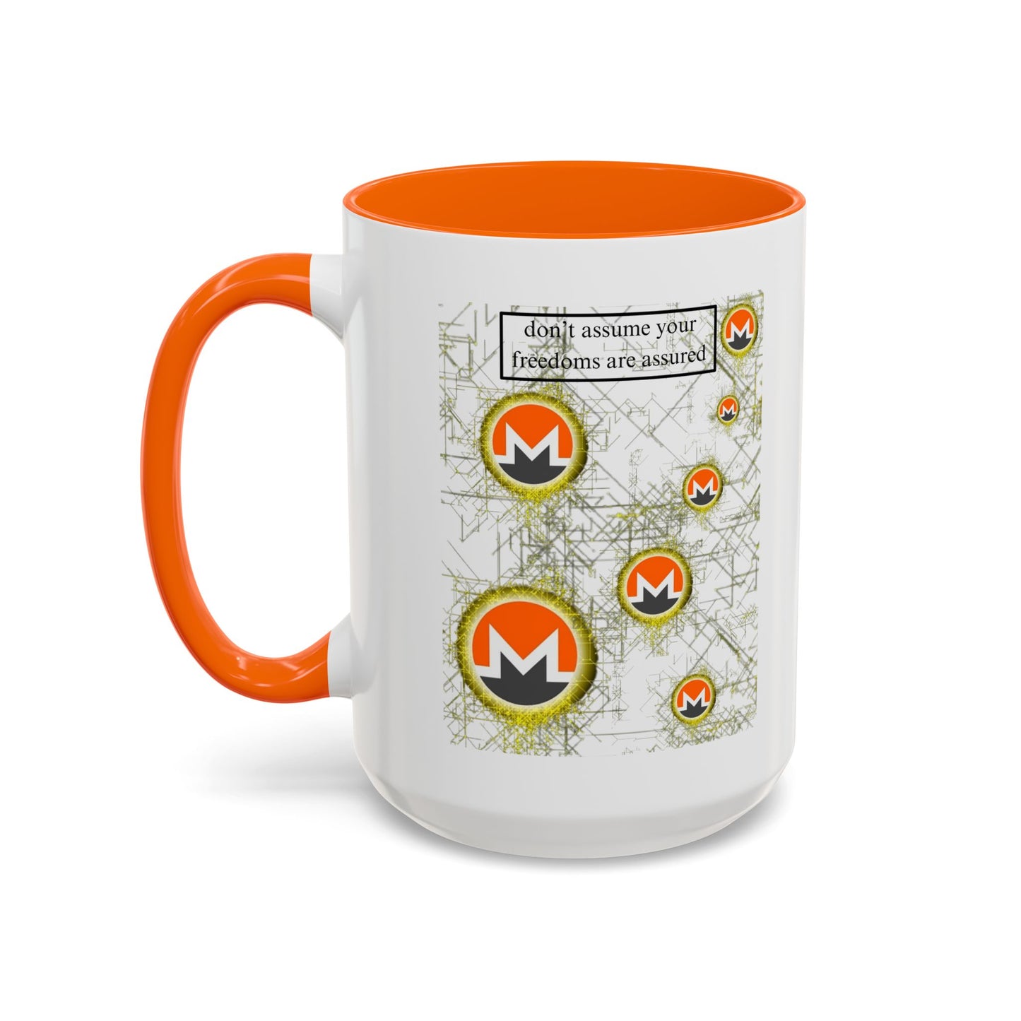 Monero (XMR) don't assume your freedoms are assured White Accent Mug by cypherpunkgear.com