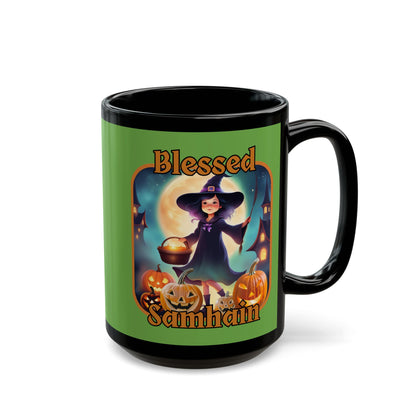 Blessed Samhain Little Witch Orange font Green Mug by CreepyCrafts.boo