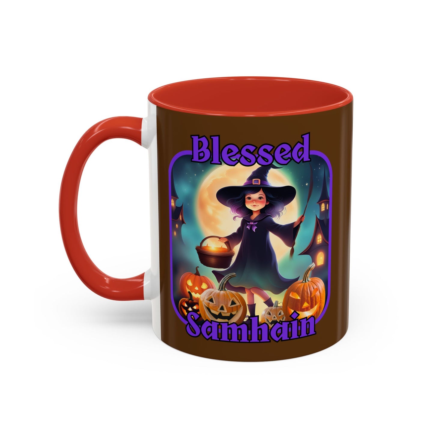 Blessed Samhain Little Witch Purple font Brown Accent Mug by CreepyCrafts.boo