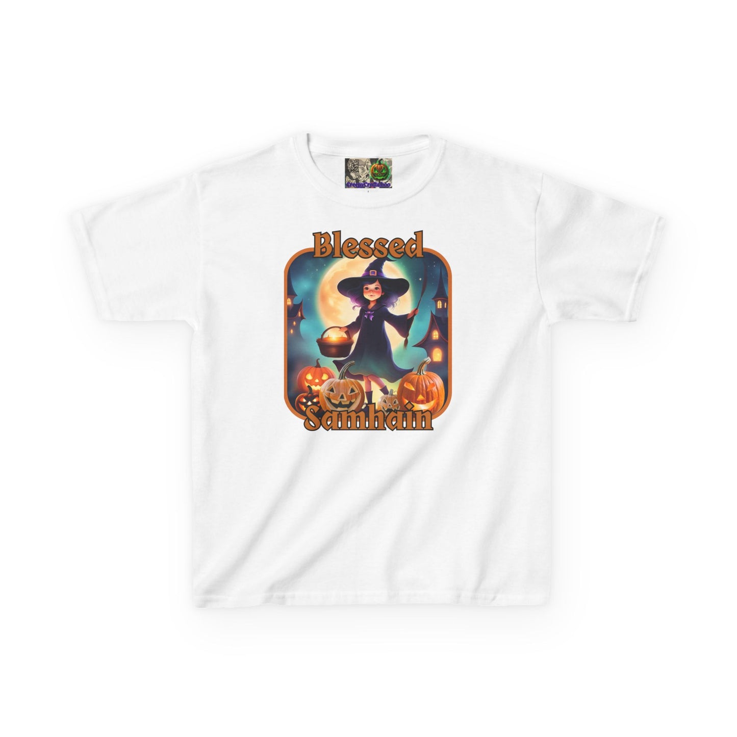 Blessed Samhain Little Witch Orange font Kids Heavy Cotton™ Tee by CreepyCrafts.boo