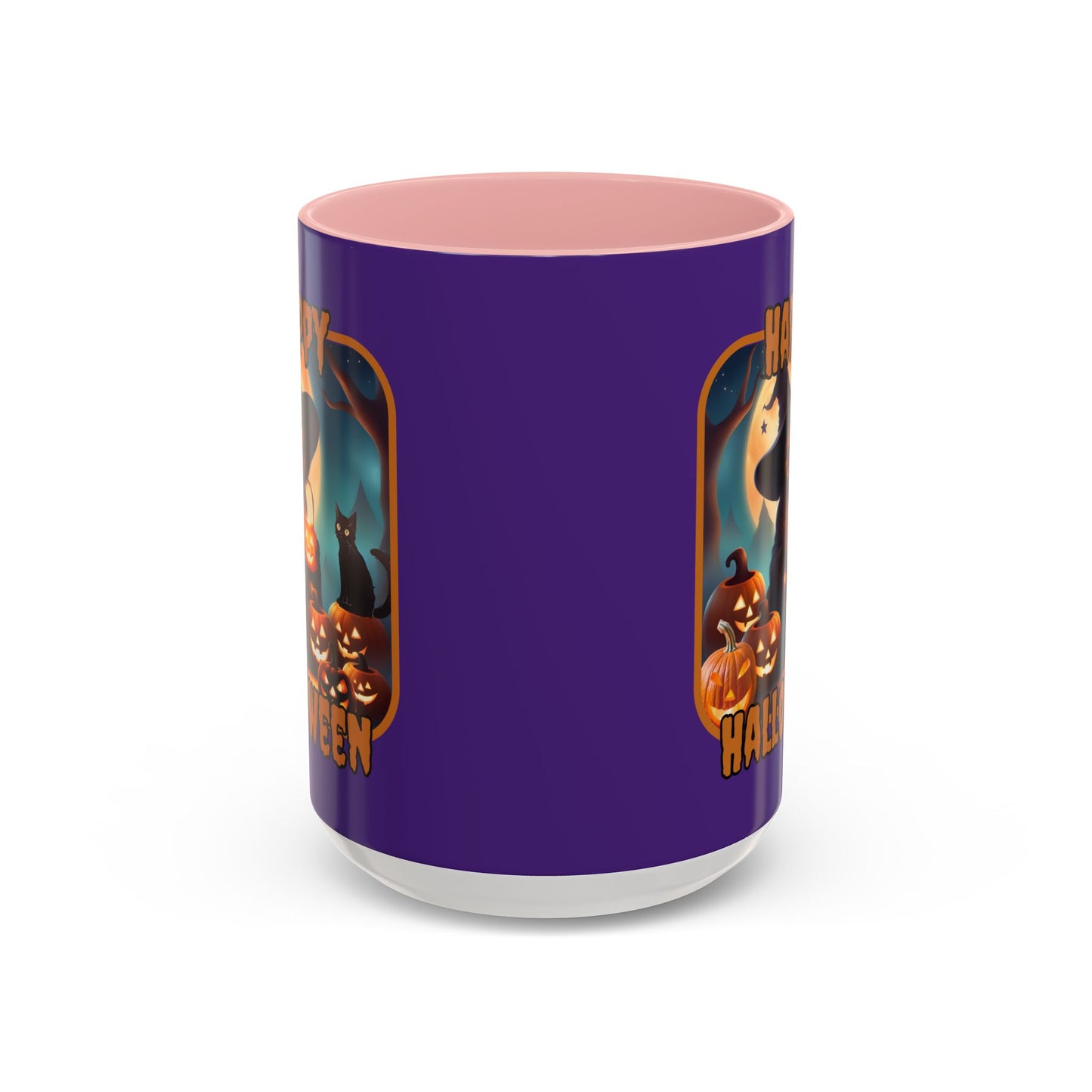 Happy Halloween Cute Witch Orange font Purple Accent Mug by CreepyCrafts.boo