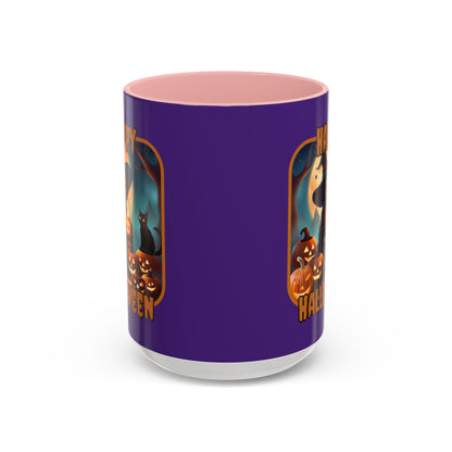 Happy Halloween Cute Witch Orange font Purple Accent Mug by CreepyCrafts.boo