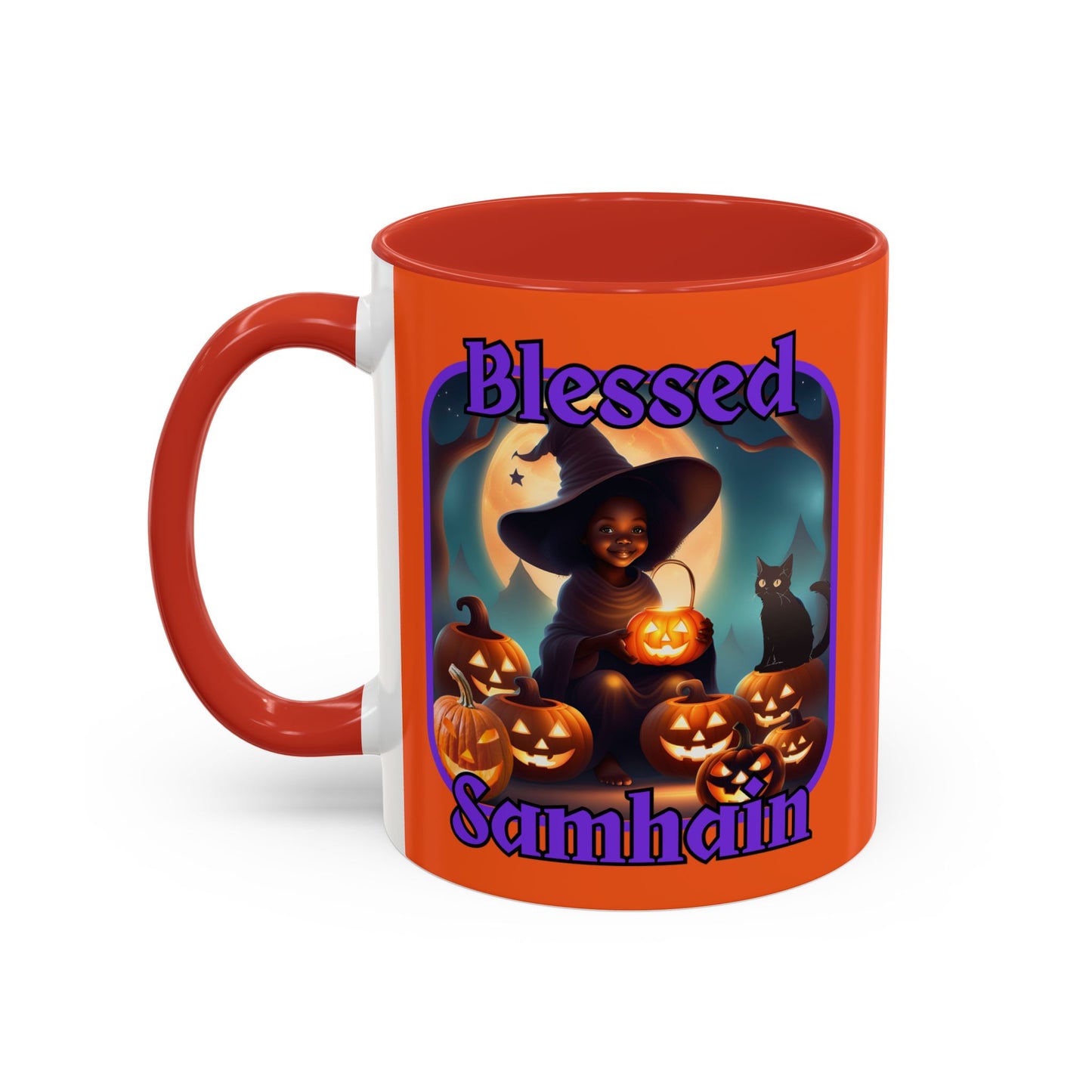 Blessed Samhain Cute Witch Purple font Orange Accent Mug by CreepyCrafts.boo