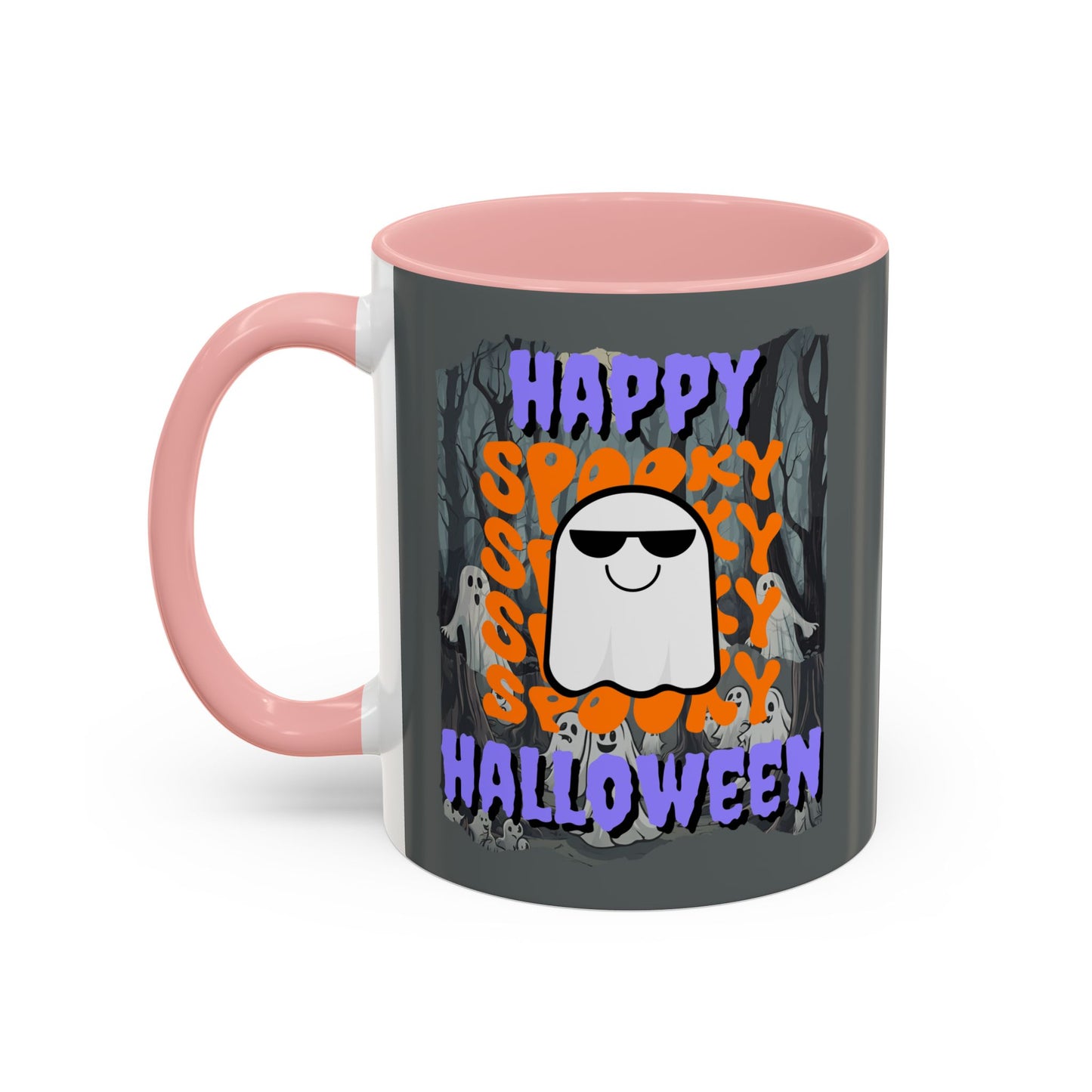 Spooky Happy Halloween Ghost Purple font Grey Accent Mug by CreepyCrafts.boo