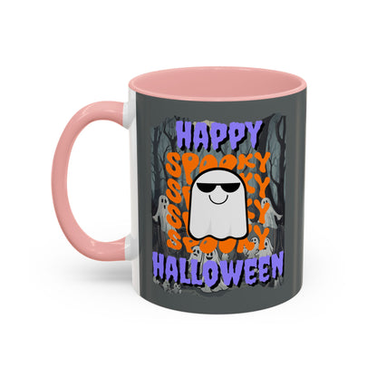 Spooky Happy Halloween Ghost Purple font Grey Accent Mug by CreepyCrafts.boo