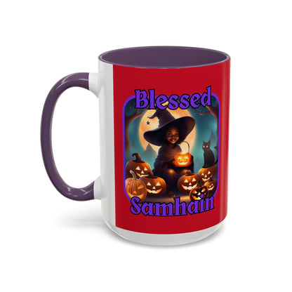 Blessed Samhain Cute Witch Purple font Red Accent Mug by CreepyCrafts.boo