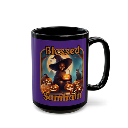 Blessed Samhain Cute Witch Orange font Purple Mug by CreepyCrafts.boo