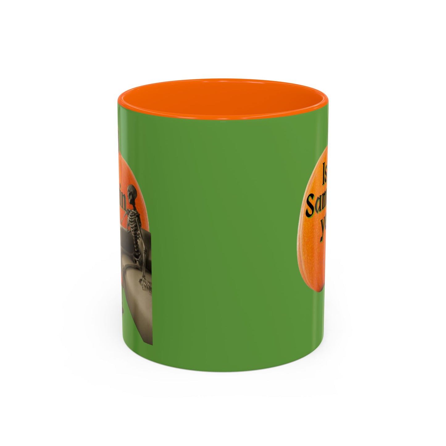 Is It Samhain Yet? Skeleton's Giant Pumpkin Green Accent Mug by CreepyCrafts.boo