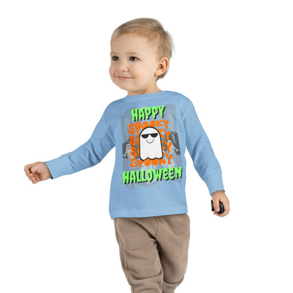 Spooky Happy Halloween Ghost Green font Toddler Long Sleeve Tee by CreepyCrafts.boo