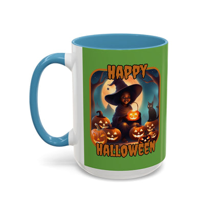 Happy Halloween Cute Witch Orange font Green Accent Mug by CreepyCrafts.boo