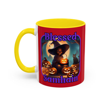 Blessed Samhain Cute Witch Purple font Red Accent Mug by CreepyCrafts.boo