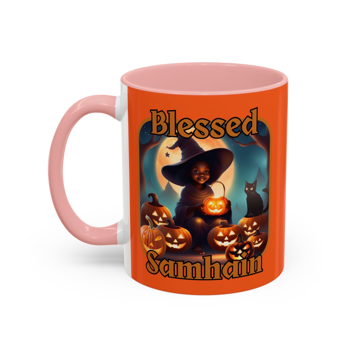 Blessed Samhain Cute Witch Orange font Orange Accent Mug by CreepyCrafts.boo