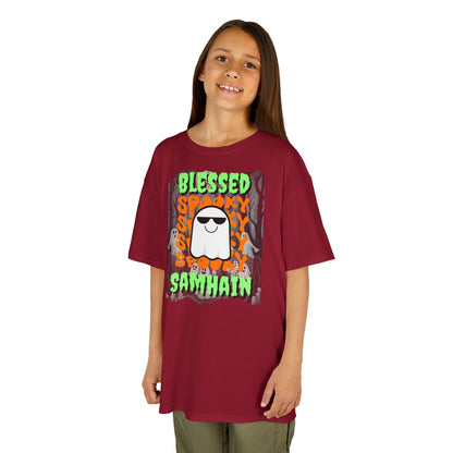Spooky Blessed Samhain Ghost Green font Kids Heavy Cotton™ Tee by CreepyCrafts.boo