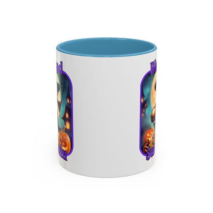 Blessed Samhain Little Witch Purple font White Accent Mug by CreepyCrafts.boo