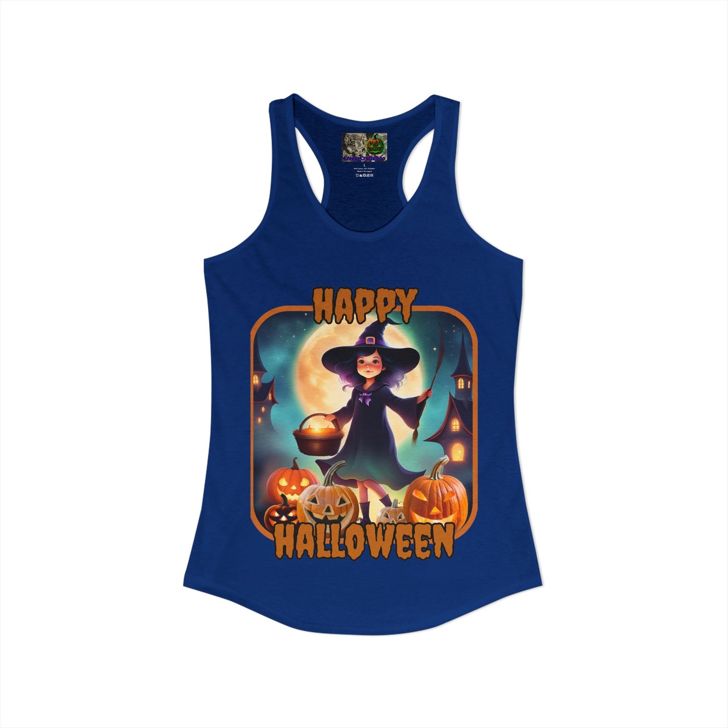 Happy Halloween Little Witch Orange font Women's Racerback Tank Top by CreepyCrafts.boo